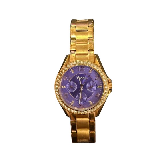 Fossil Riley Purple Crystal set Dial Rose Gold tone Steel Ladies Watch Read - Picture 1 of 5
